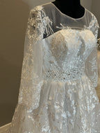 Illusion Sleeve Ball Gown Wedding Dress – Lace Appliqué, Full Tulle Skirt, Cathedral Train- SIZE 18