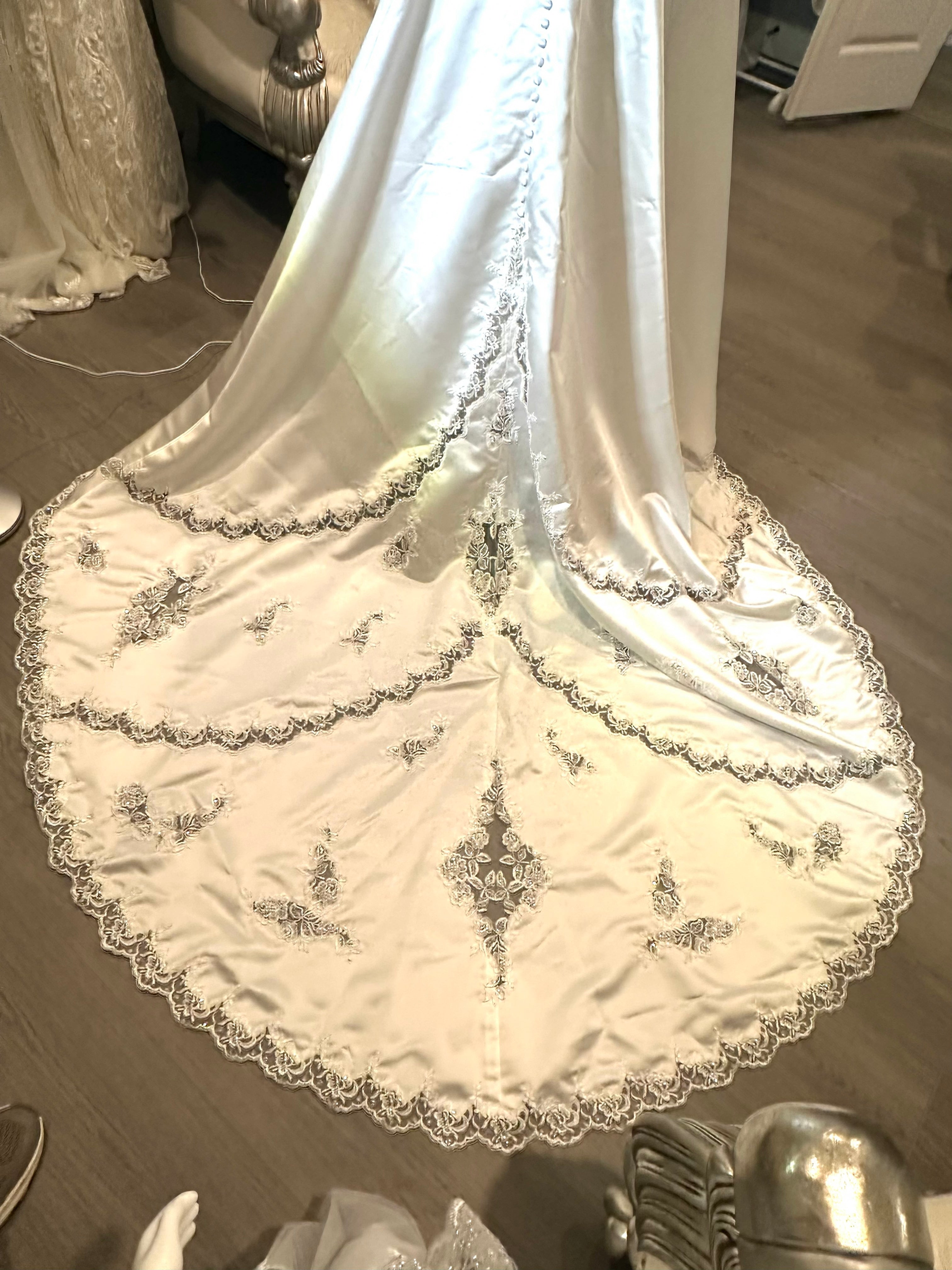 Gloria Vanderbilt Elegant High-Neck Lace Ball Gown with Cathedral Train SIZE 10