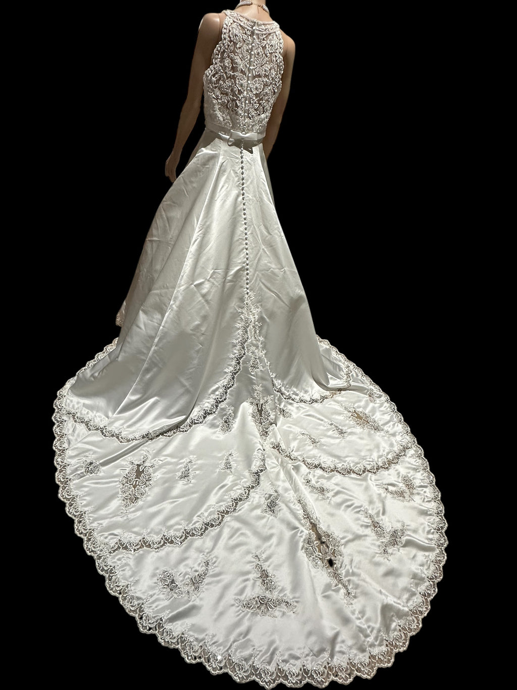 Gloria Vanderbilt Elegant High-Neck Lace Ball Gown with Cathedral Train SIZE 10