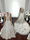 Gloria Vanderbilt Elegant High-Neck Lace Ball Gown with Cathedral Train SIZE 10