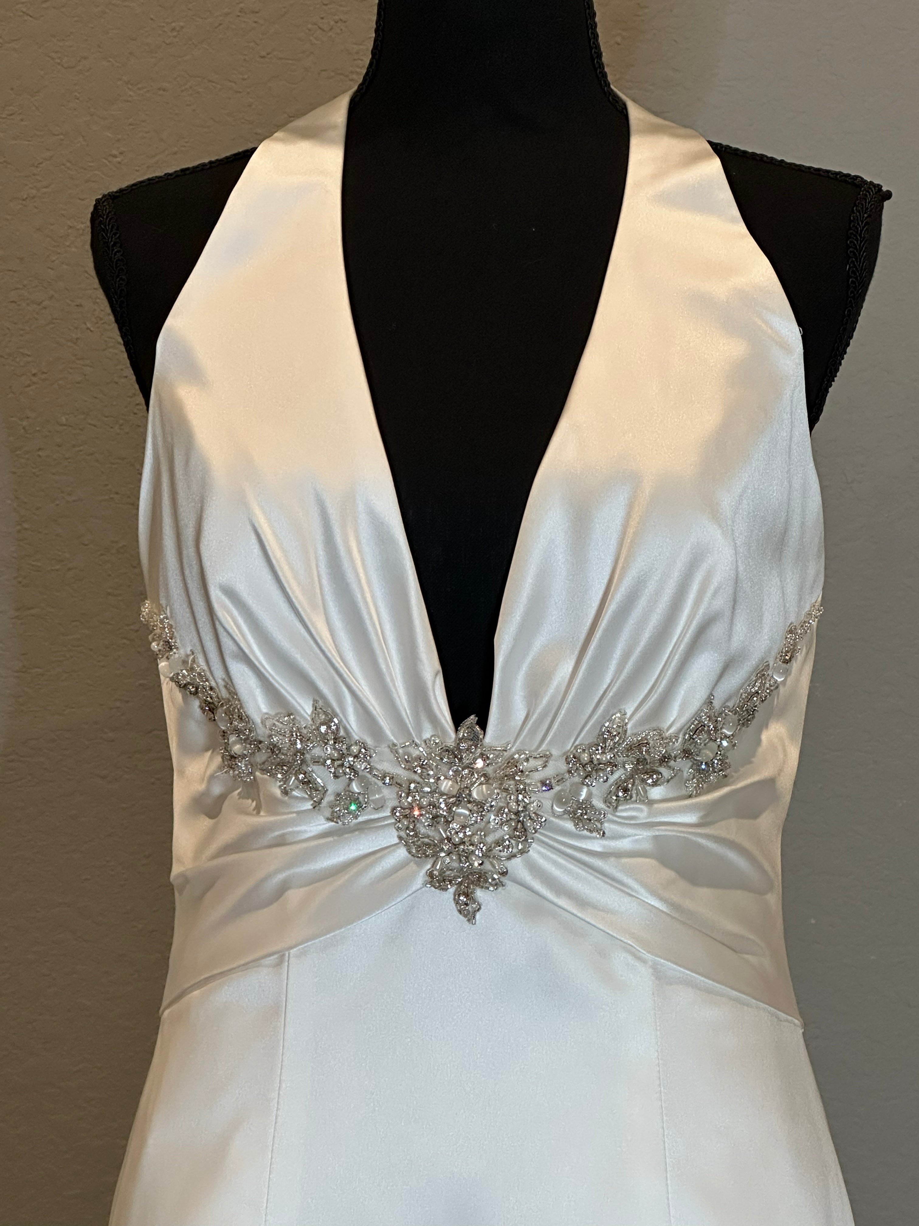 Impression Satin Halter Wedding Dress with Plunging Neckline & Beaded Waist Detail SIZE 12