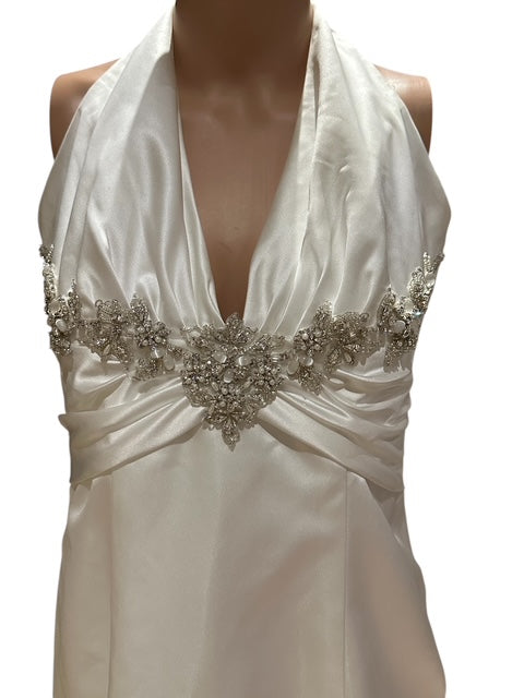 Impression Satin Halter Wedding Dress with Plunging Neckline & Beaded Waist Detail SIZE 12