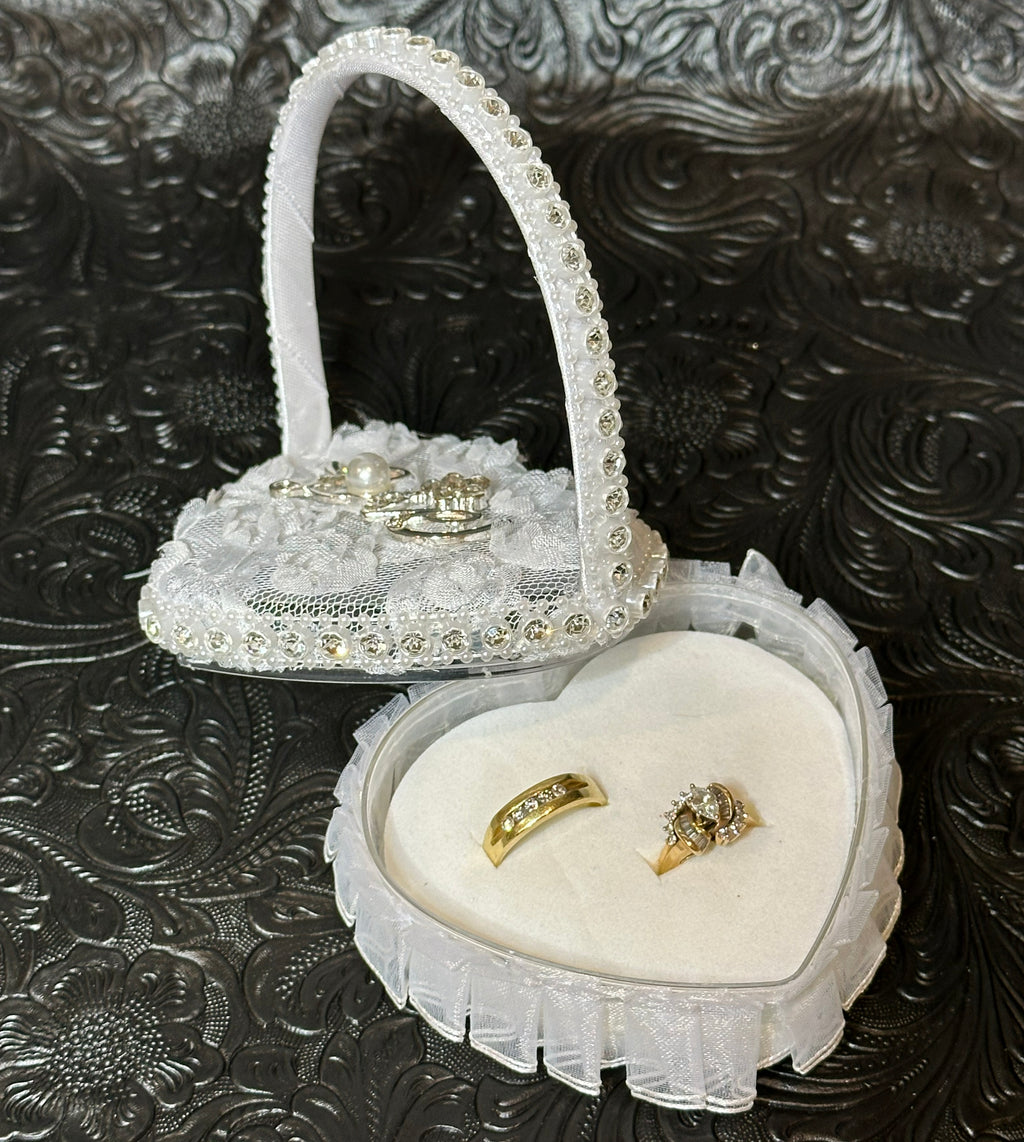Heart-Shaped Wedding Ring Holder Box with Rhinestone “Love” Design