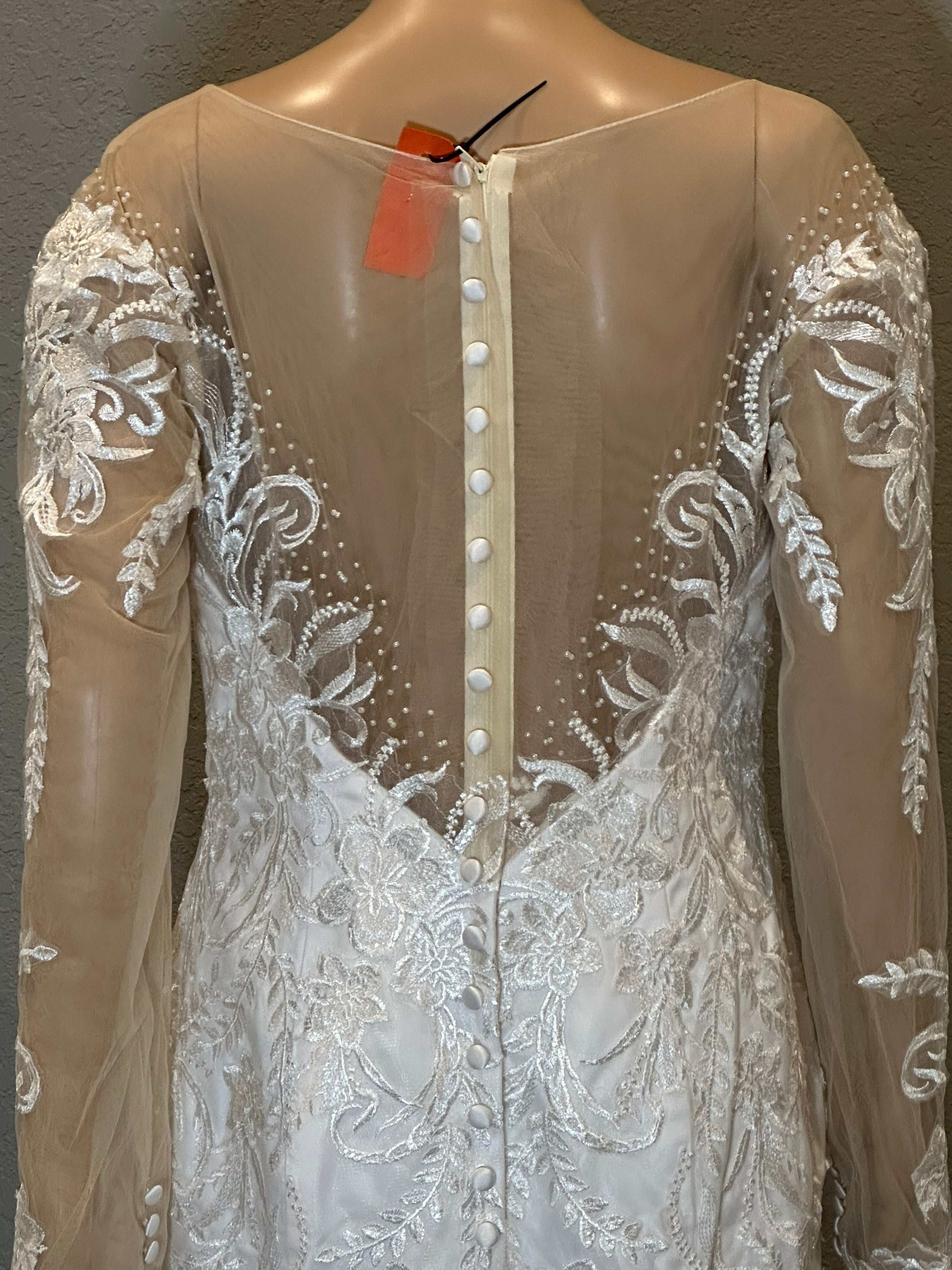 Illusion Long Sleeve Lace Mermaid Wedding Dress with Sheer Back & Scalloped Train SIZE 12