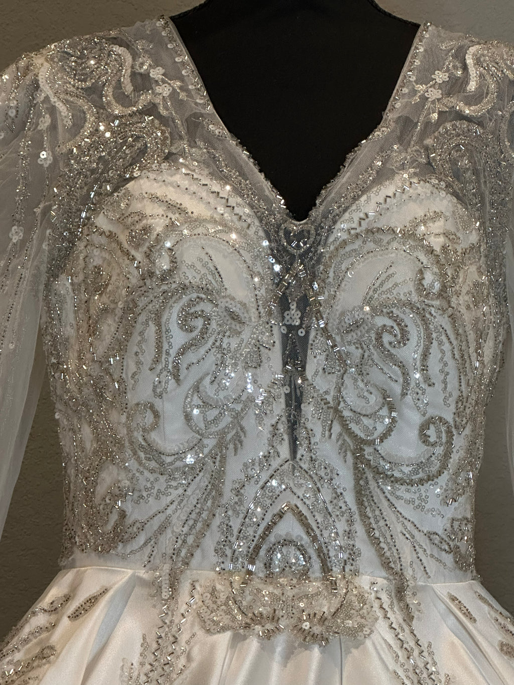 Long Sleeve Ball Gown Wedding Dress – Satin Skirt, Illusion Lace Bodice, Open Back-SIZE 14