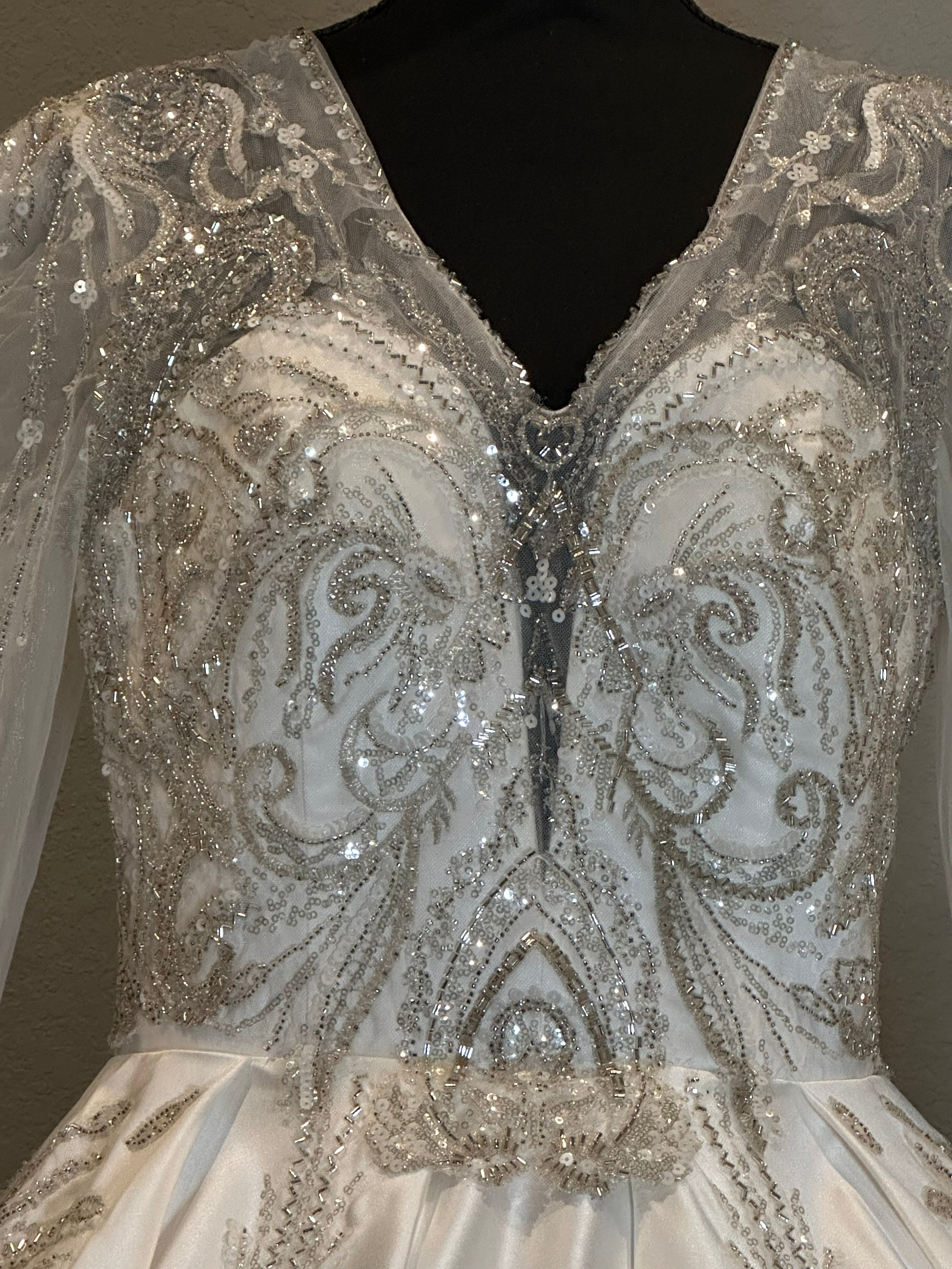 Long Sleeve Ball Gown Wedding Dress – Satin Skirt, Illusion Lace Bodice, Open Back-SIZE 14