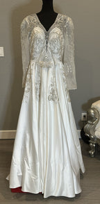 Long Sleeve Ball Gown Wedding Dress – Satin Skirt, Illusion Lace Bodice, Open Back-SIZE 14