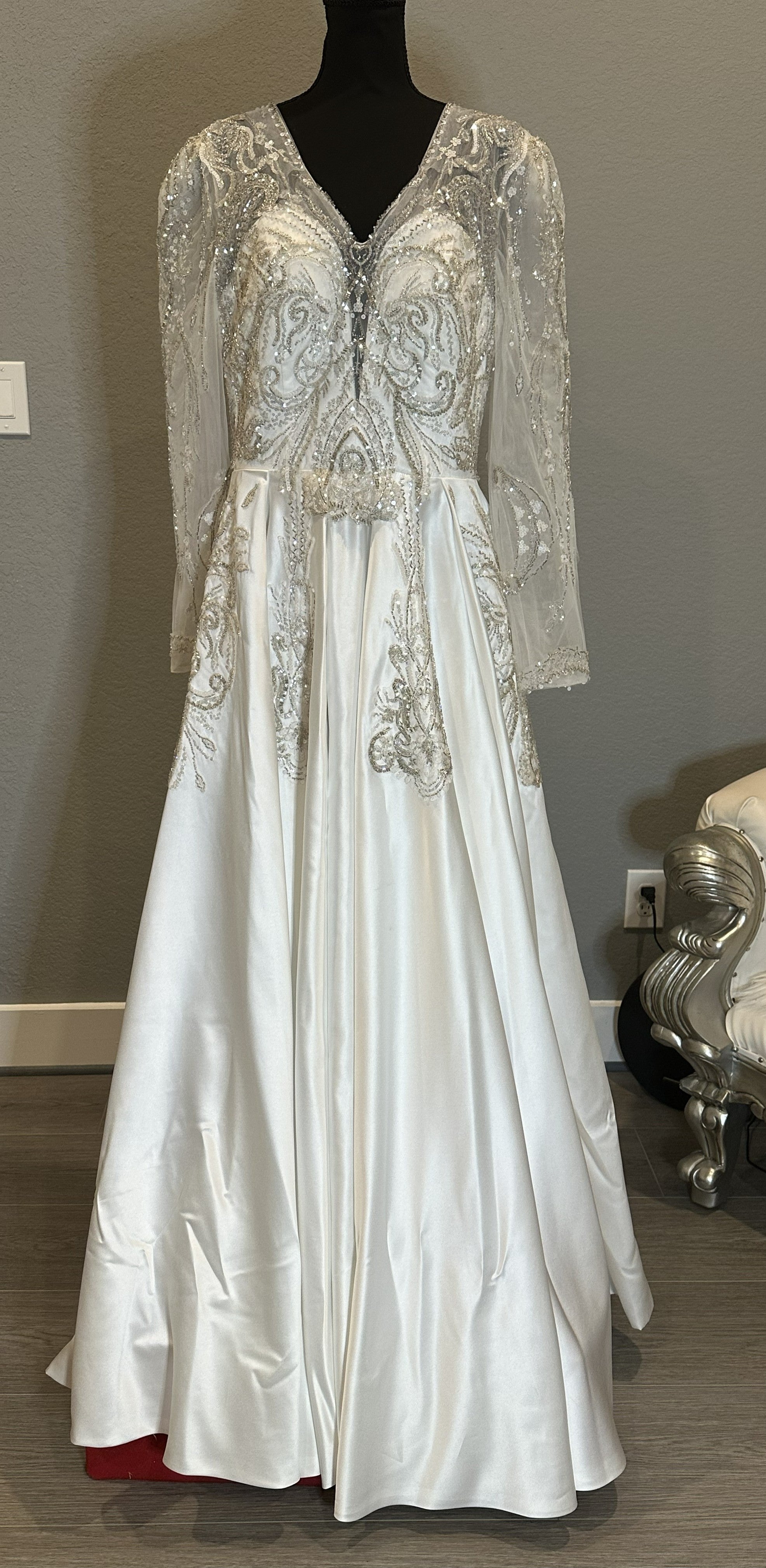 Long Sleeve Ball Gown Wedding Dress – Satin Skirt, Illusion Lace Bodice, Open Back-SIZE 14