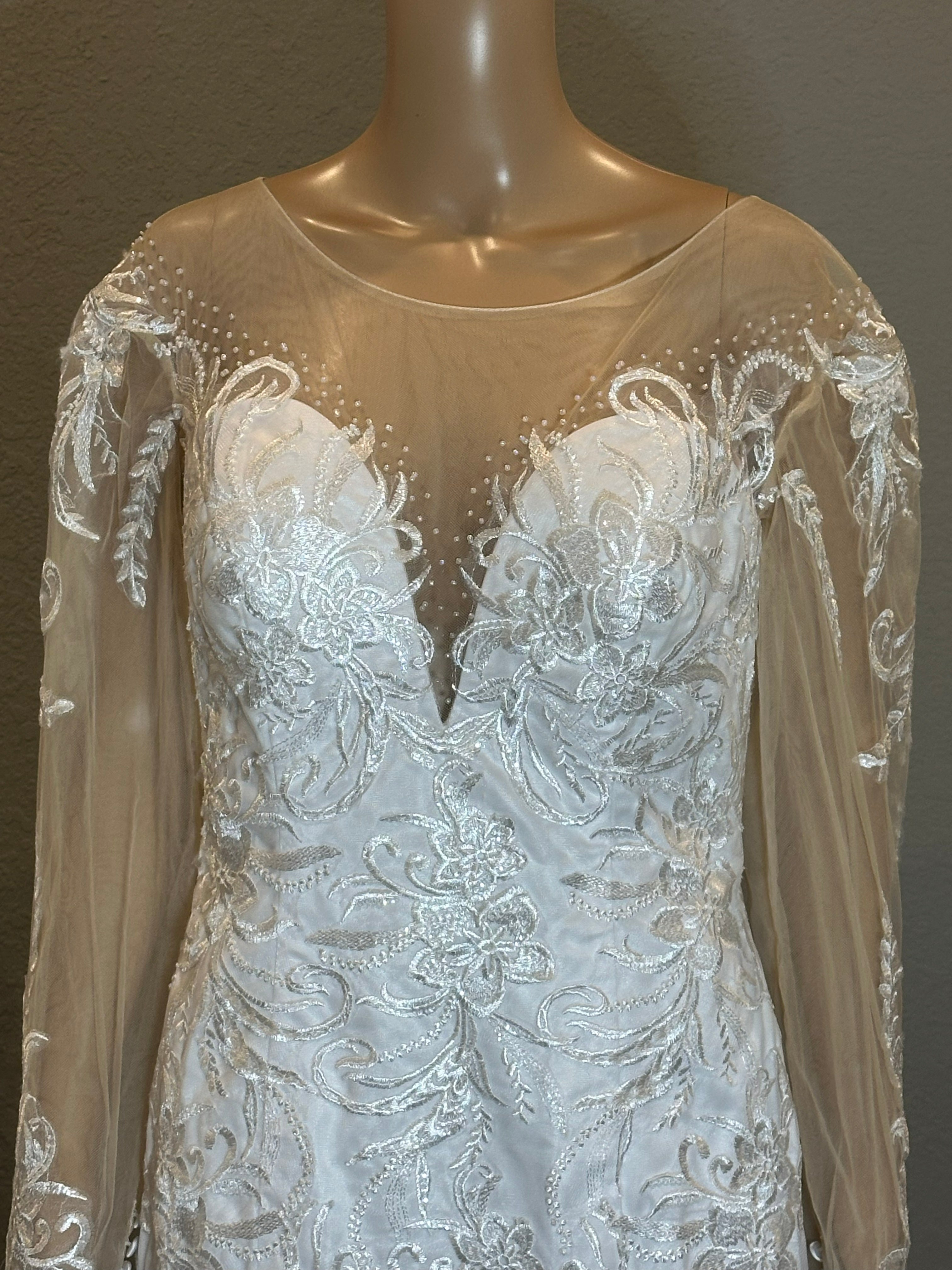 Illusion Long Sleeve Lace Mermaid Wedding Dress with Sheer Back & Scalloped Train SIZE 12