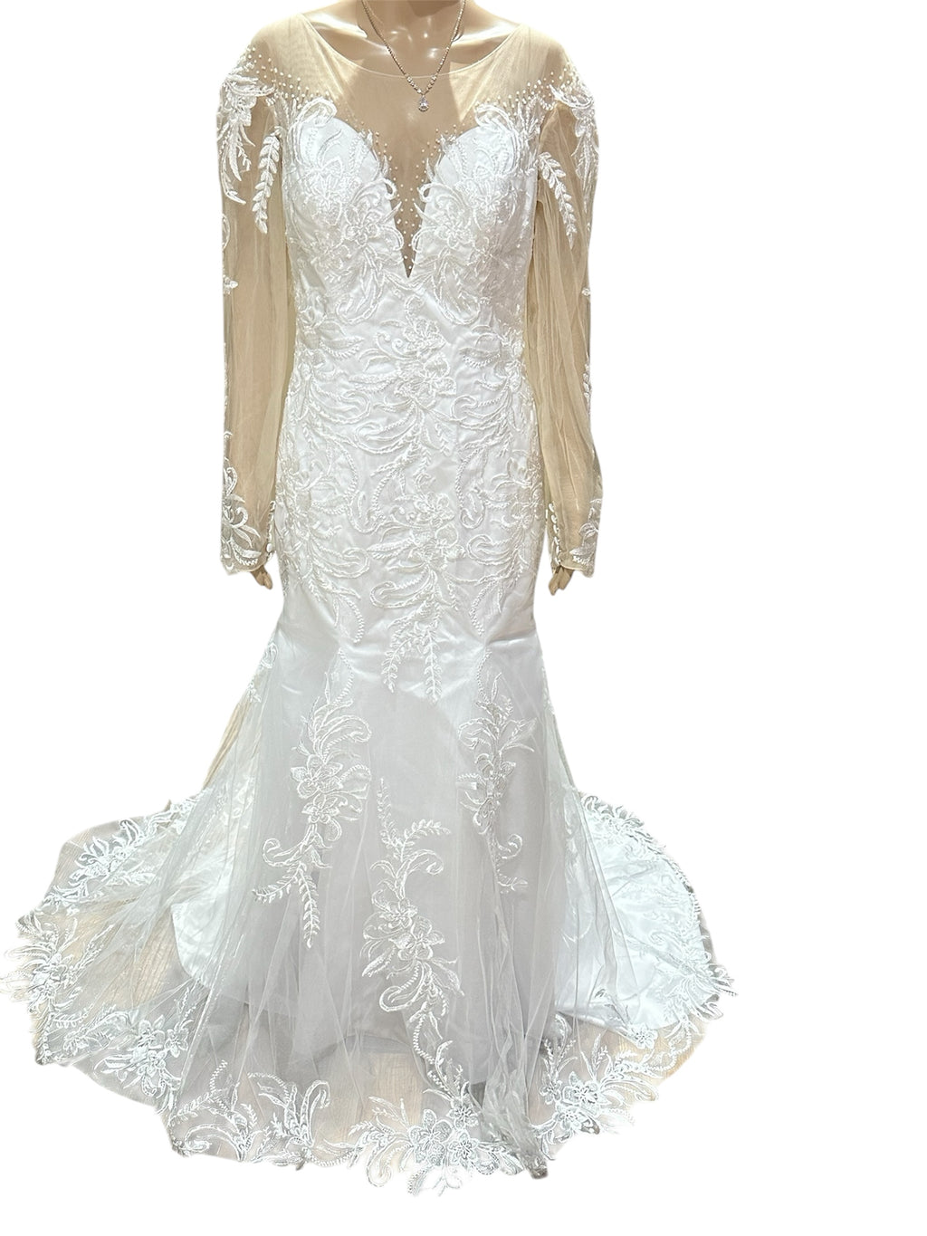Illusion Long Sleeve Lace Mermaid Wedding Dress with Sheer Back & Scalloped Train SIZE 12
