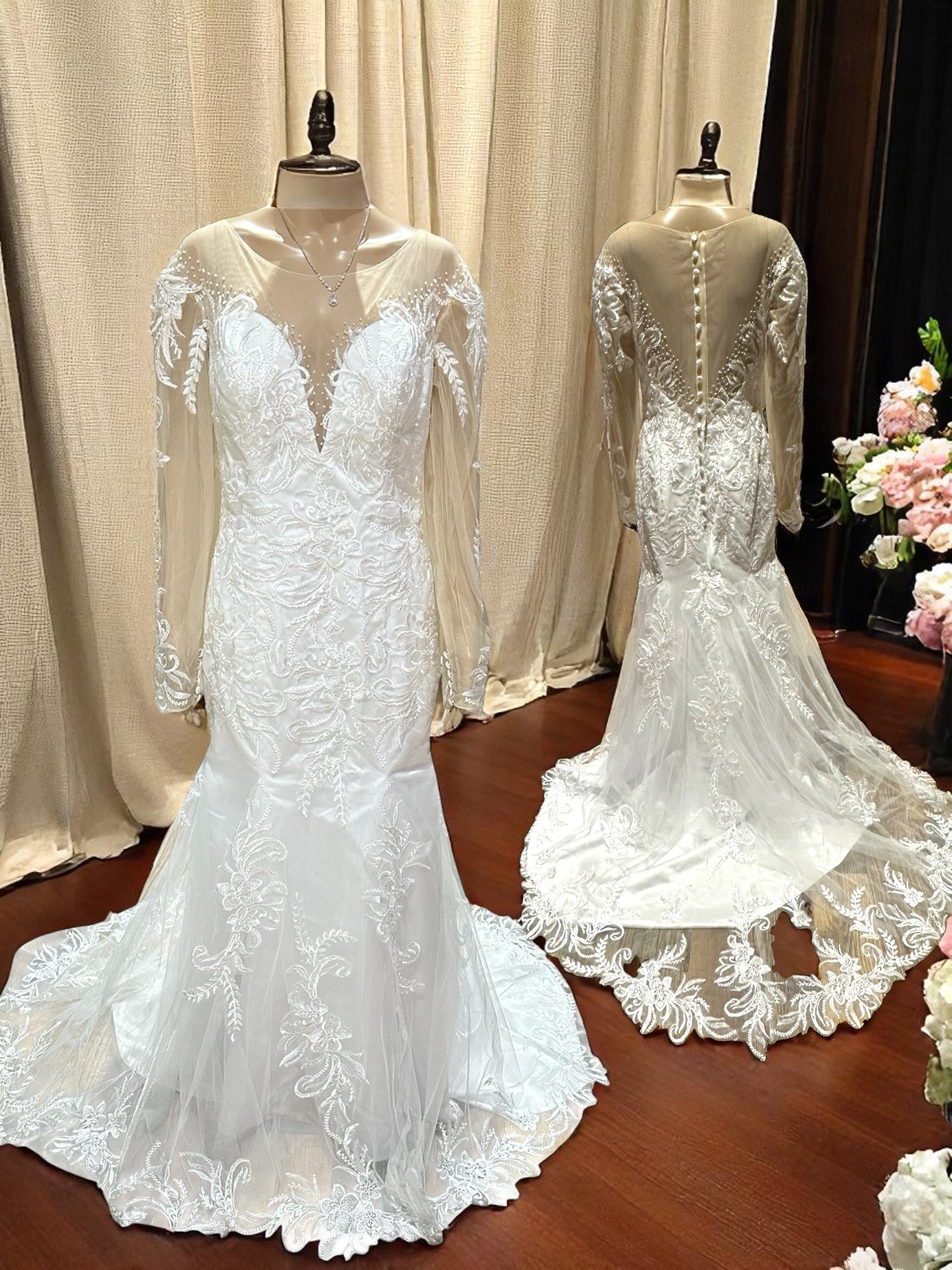 Illusion Long Sleeve Lace Mermaid Wedding Dress with Sheer Back & Scalloped Train SIZE 12