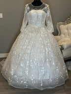 Illusion Sleeve Ball Gown Wedding Dress – Lace Appliqué, Full Tulle Skirt, Cathedral Train- SIZE 18