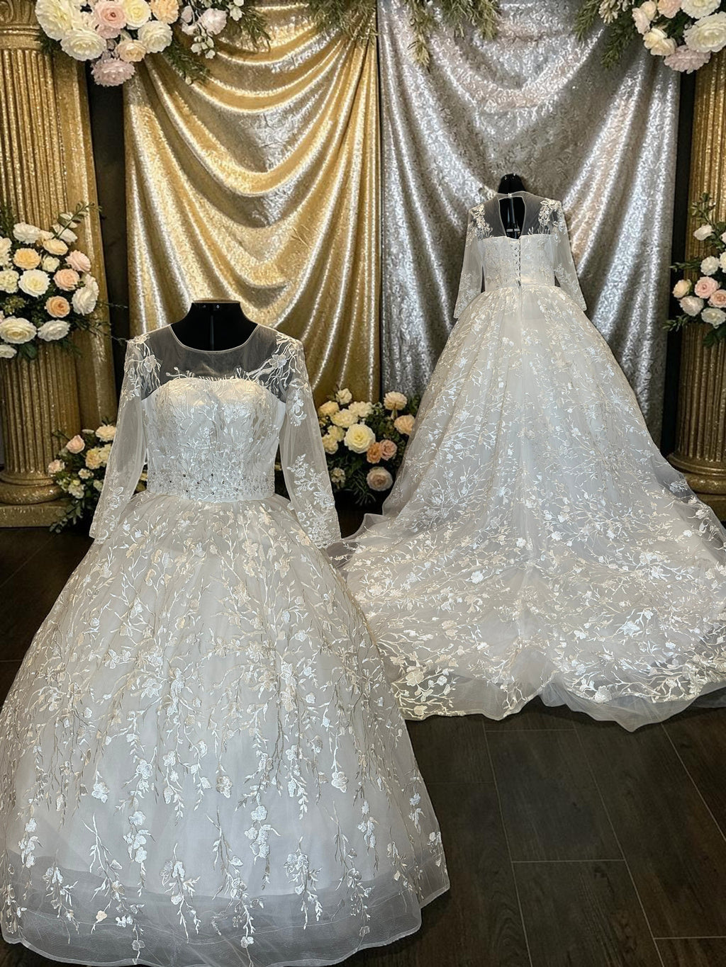 Illusion Sleeve Ball Gown Wedding Dress – Lace Appliqué, Full Tulle Skirt, Cathedral Train- SIZE 18