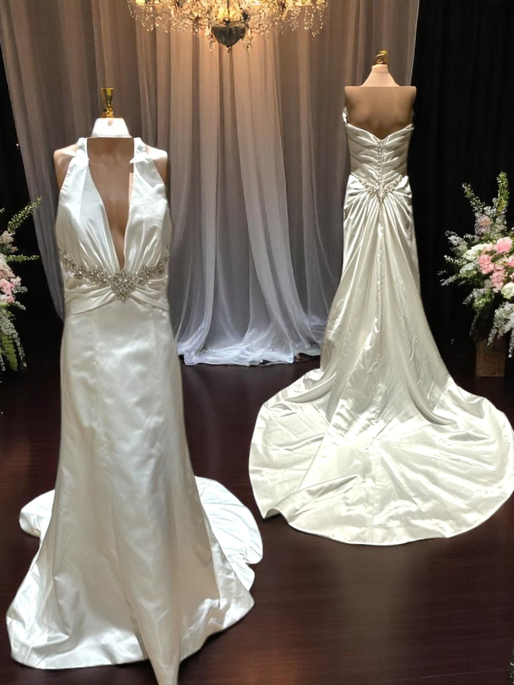 Impression Satin Halter Wedding Dress with Plunging Neckline & Beaded Waist Detail SIZE 12