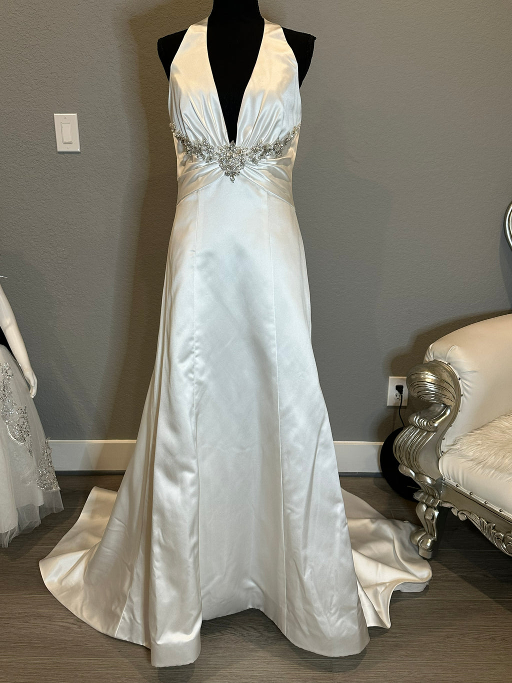 Impression Satin Halter Wedding Dress with Plunging Neckline & Beaded Waist Detail SIZE 12