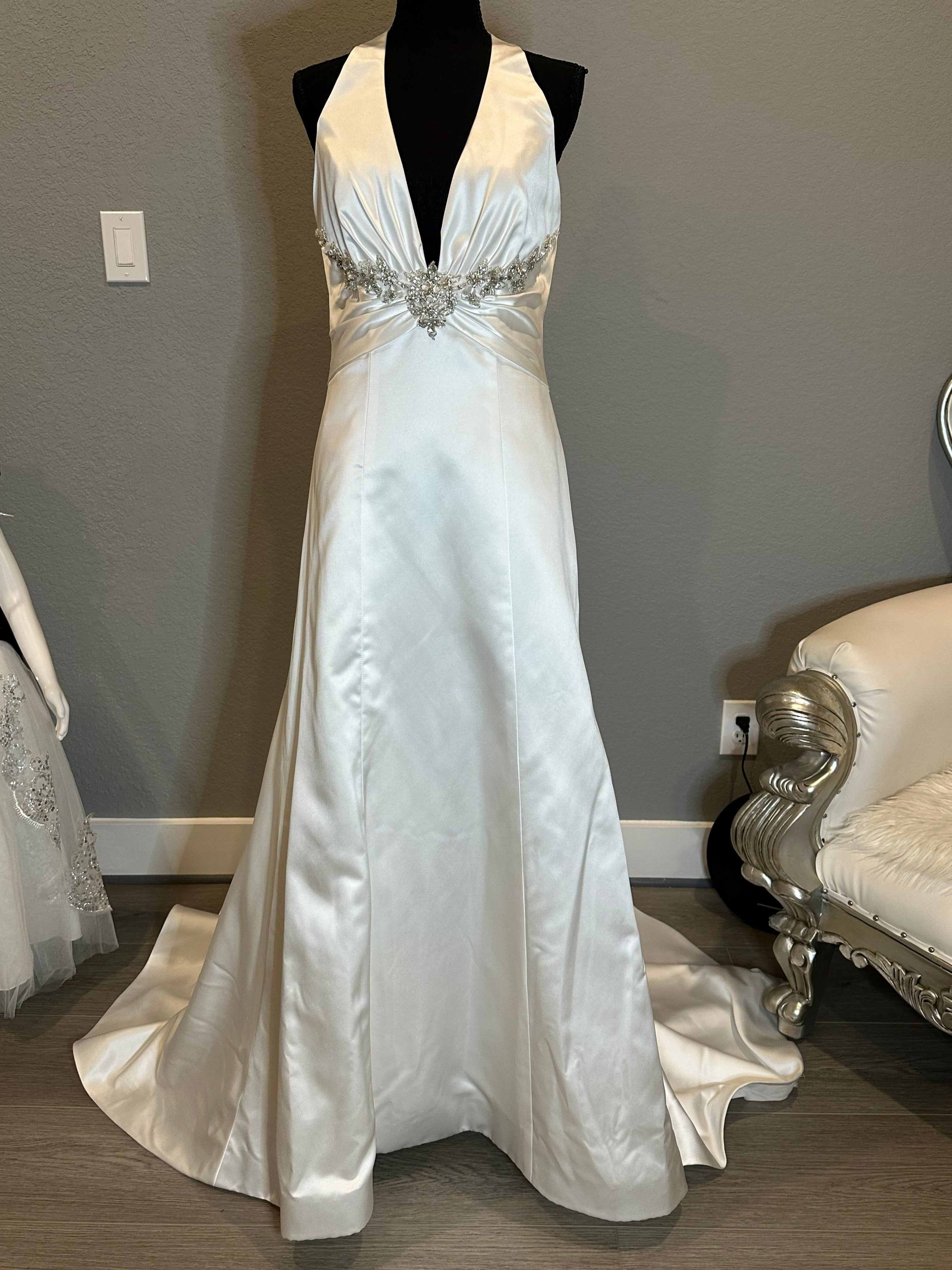 Impression Satin Halter Wedding Dress with Plunging Neckline & Beaded Waist Detail SIZE 12