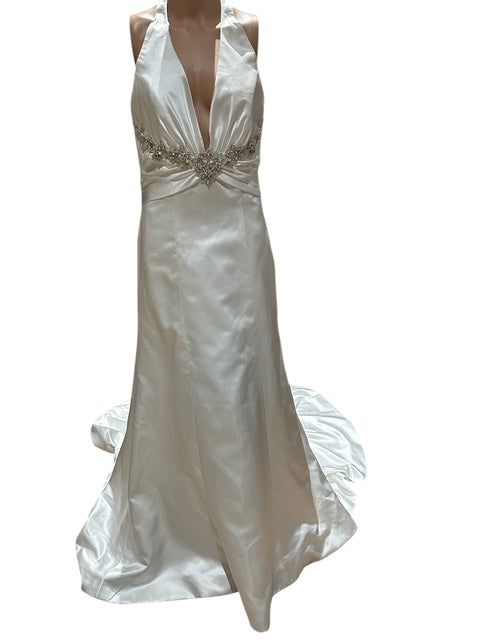 Impression Satin Halter Wedding Dress with Plunging Neckline & Beaded Waist Detail SIZE 12