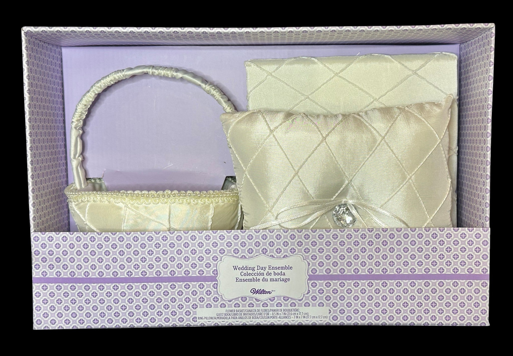 Wilton Ivory Satin Wedding Day Ensemble – Ring Pillow, Flower Girl Basket & Guest Book Set