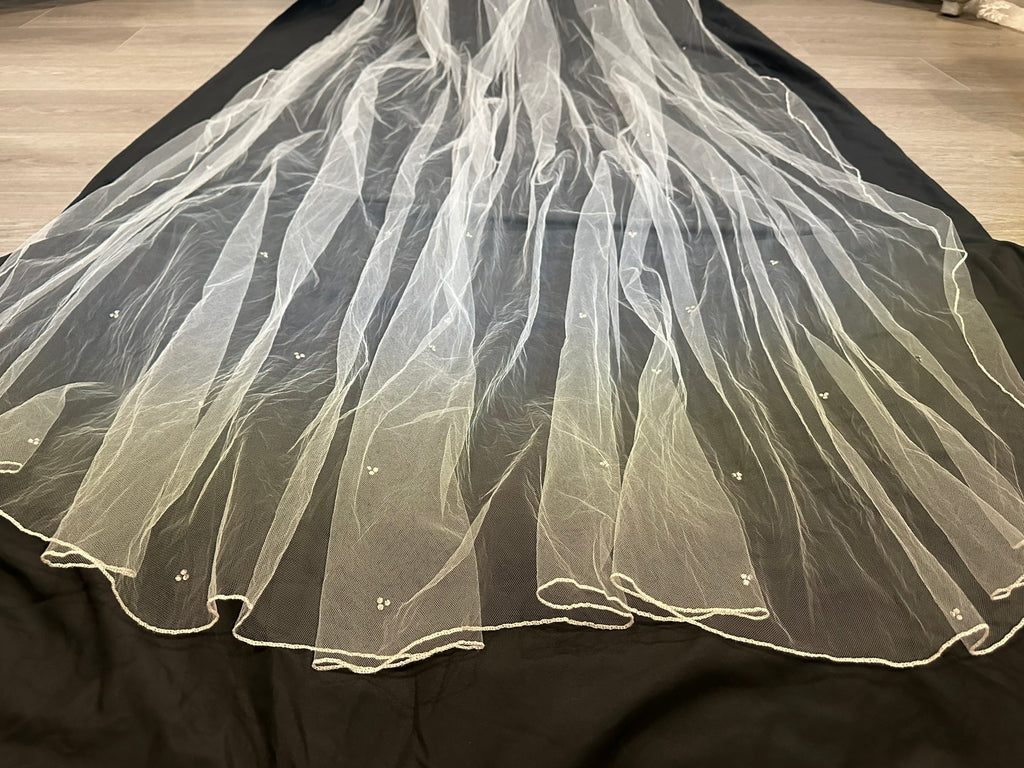 Ivory Cathedral Length Wedding Veil with Blusher & Crystal Detail – Soft Tulle Bridal Veil