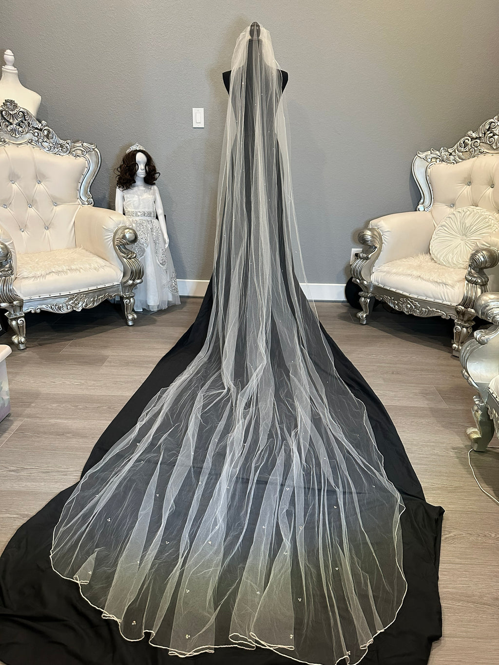 Ivory Cathedral Length Wedding Veil with Blusher & Crystal Detail – Soft Tulle Bridal Veil