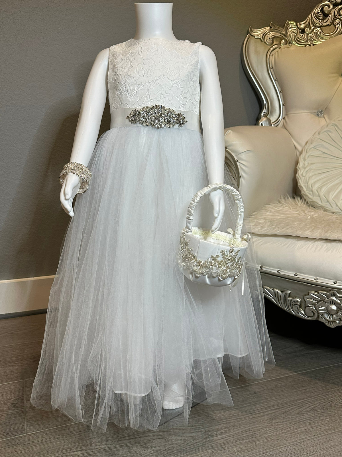 White Lace & Tulle Flower Girl Dress with Beaded Sash + Heart Back Det – Crystal's Bridal Consignment
