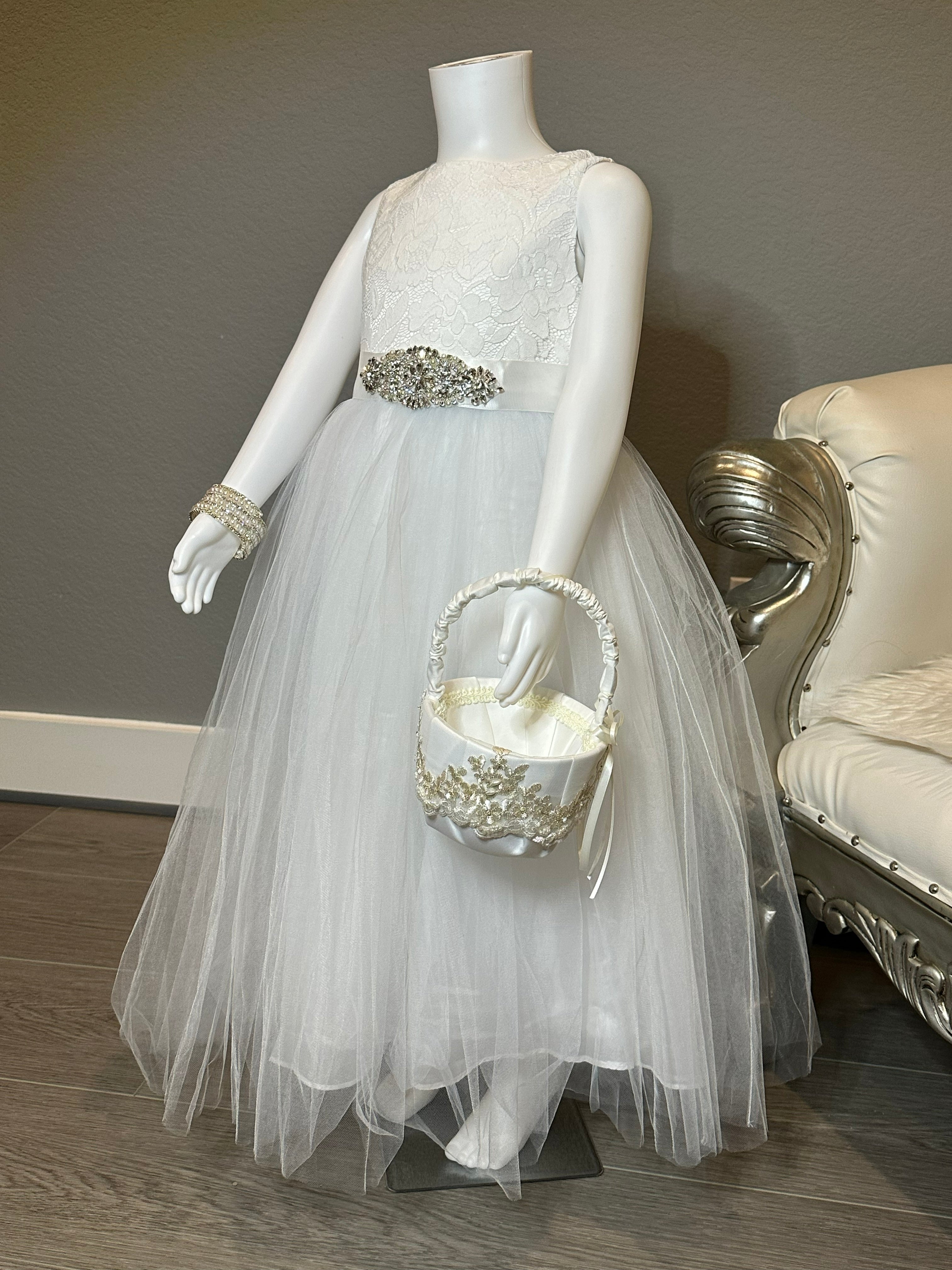 White Lace & Tulle Flower Girl Dress with Beaded Sash + Heart Back Det – Crystal's Bridal Consignment
