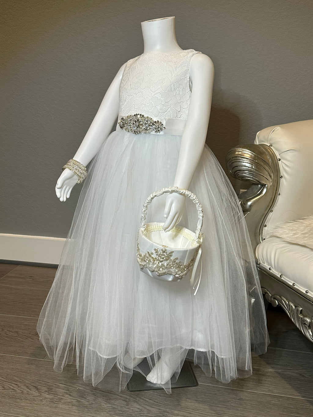White Lace & Tulle Flower Girl Dress with Beaded Sash + Heart Back Detail-SIZE 6
