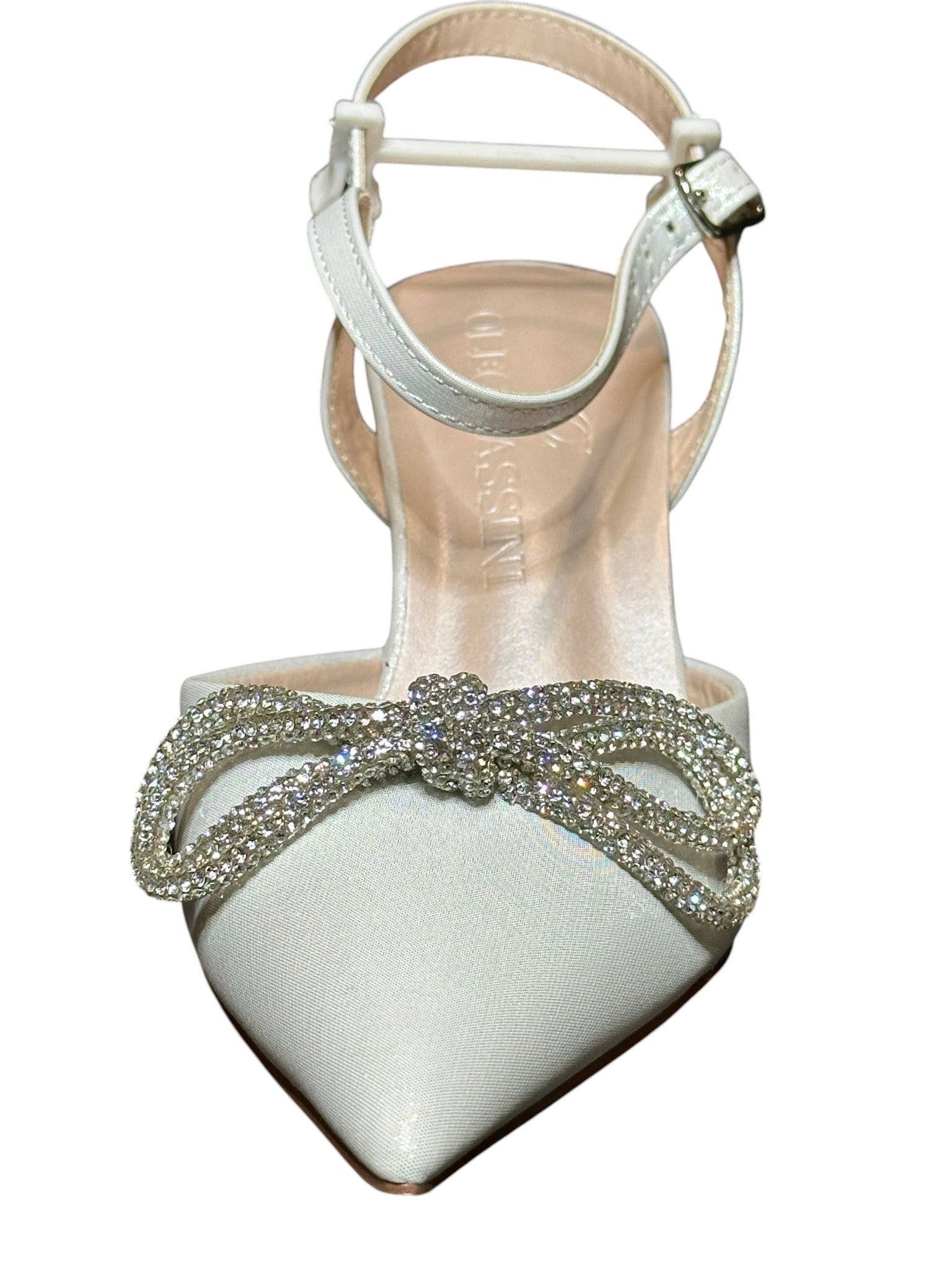 Oleg Cassini Rhinestone Bow Bridal Heels – White Pointed Toe Slingback Wedding Shoes- SIZE 6