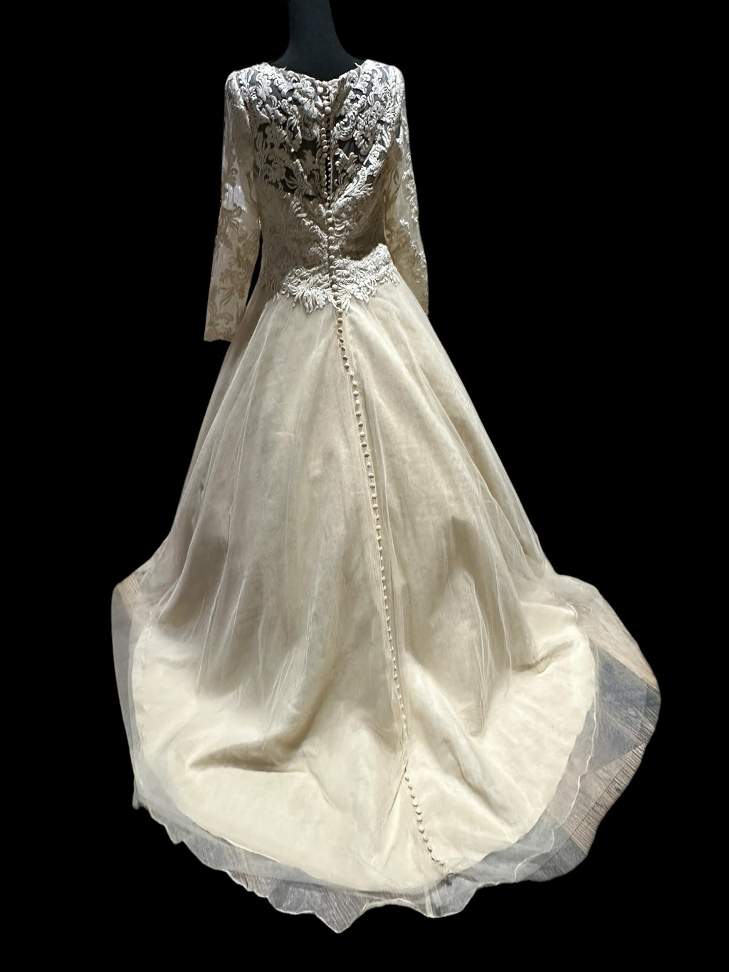 JJ’s House Long Sleeve Lace A-Line Wedding Dress with Illusion Back & Train SIZE 10