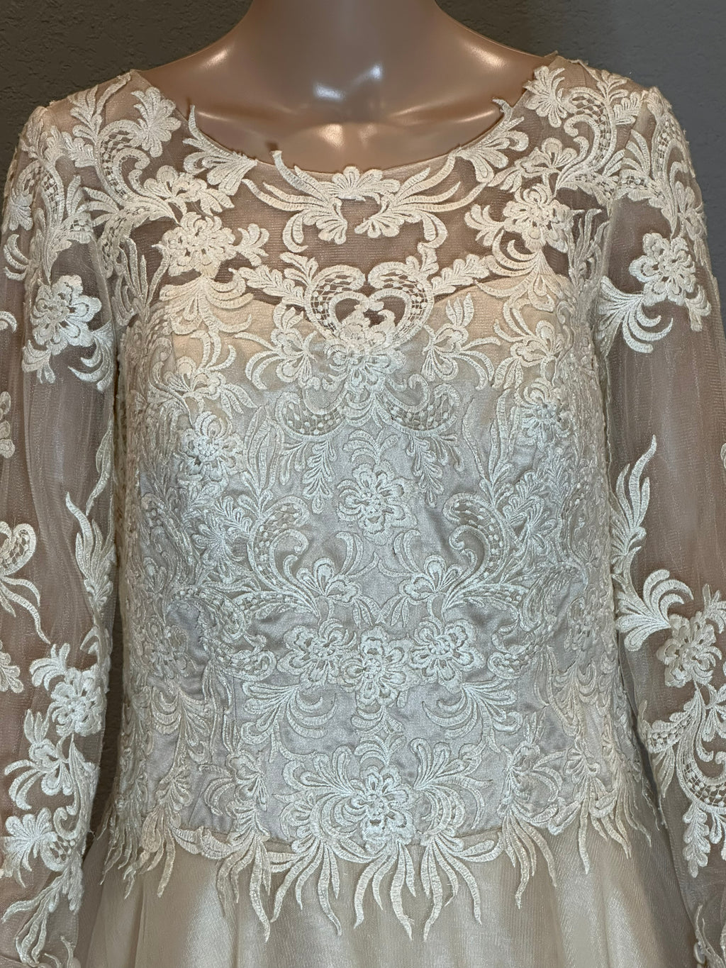 JJ’s House Long Sleeve Lace A-Line Wedding Dress with Illusion Back & Train SIZE 10