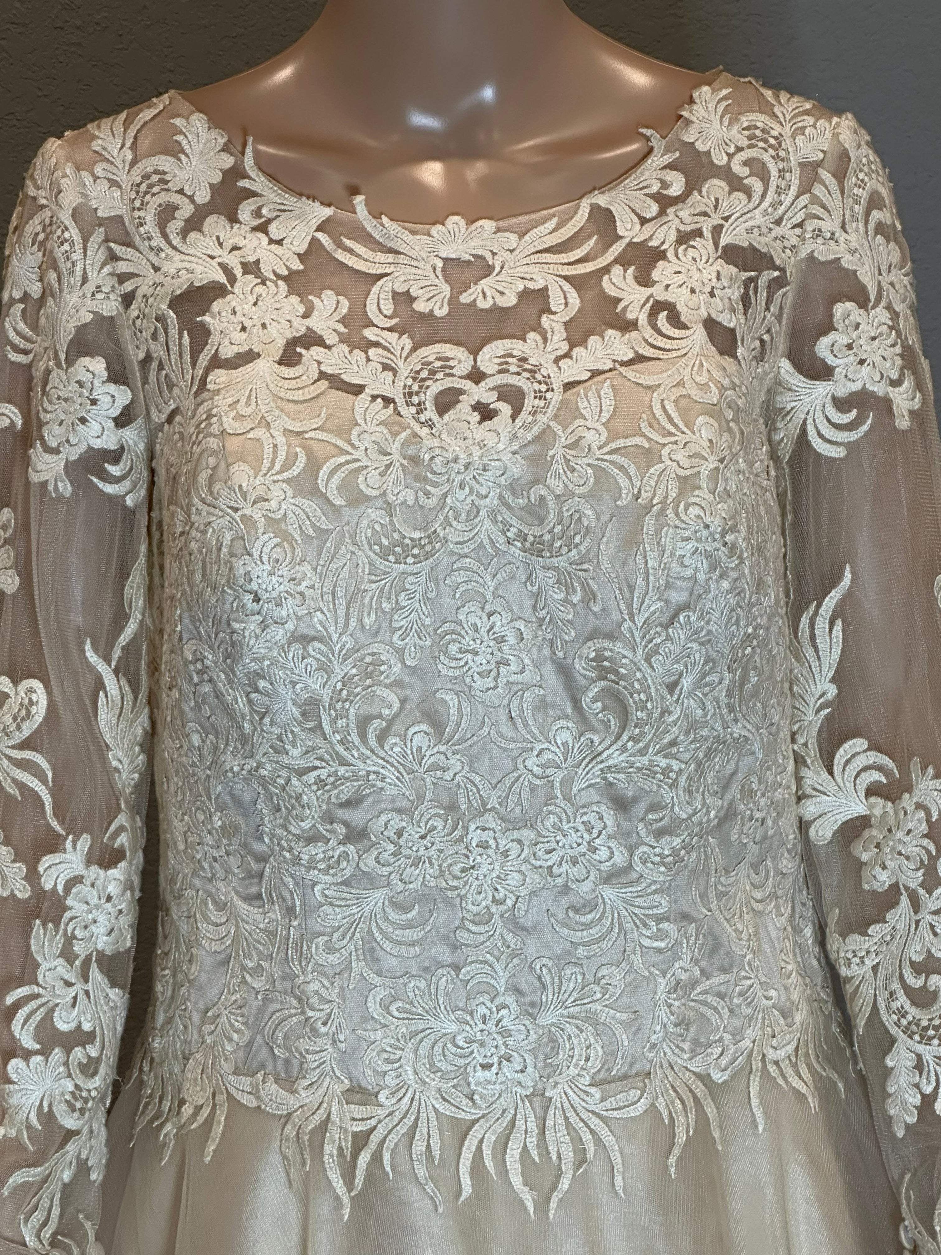 JJ’s House Long Sleeve Lace A-Line Wedding Dress with Illusion Back & Train SIZE 10