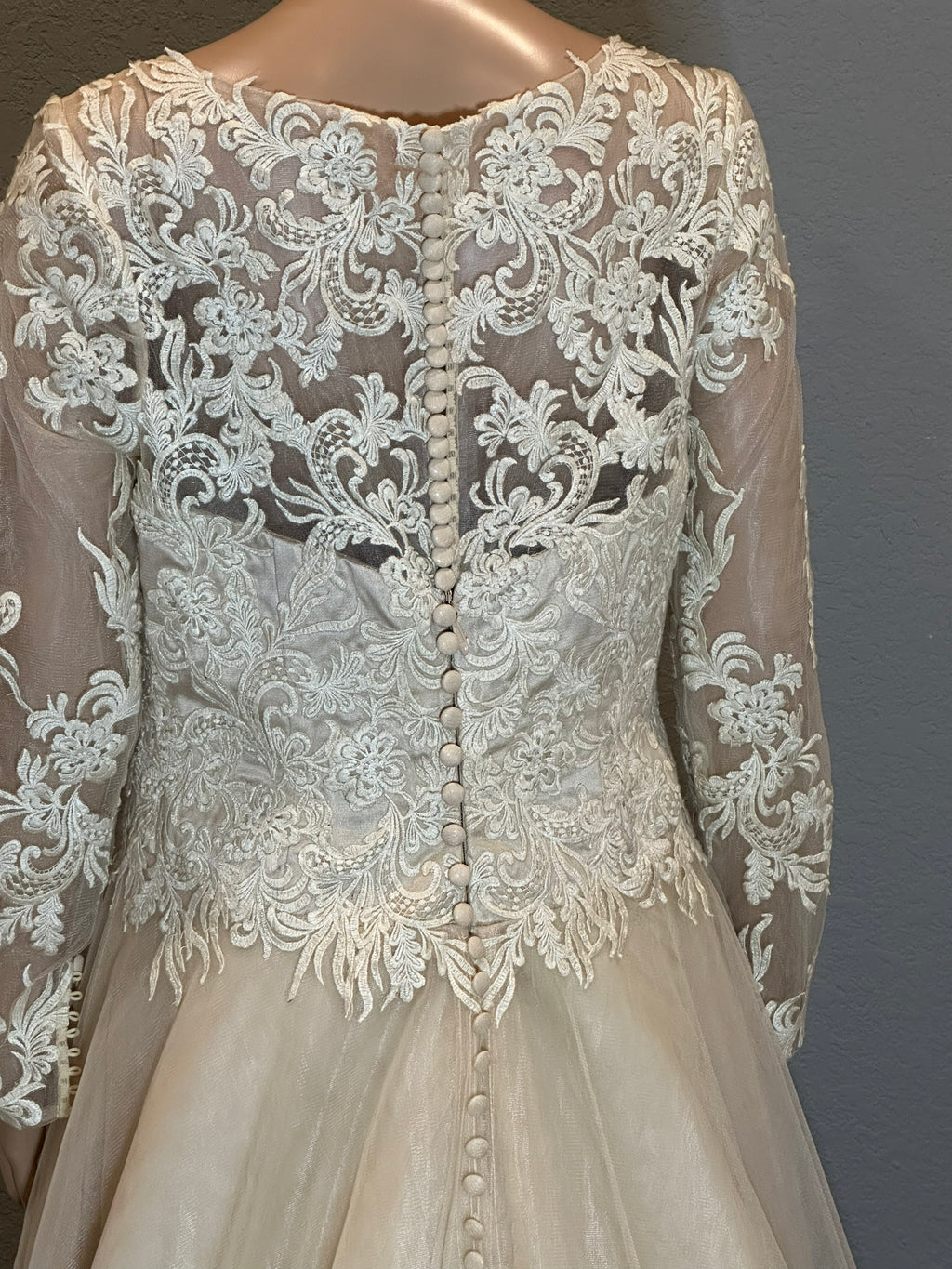 JJ’s House Long Sleeve Lace A-Line Wedding Dress with Illusion Back & Train SIZE 10