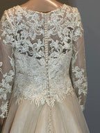 JJ’s House Long Sleeve Lace A-Line Wedding Dress with Illusion Back & Train SIZE 10