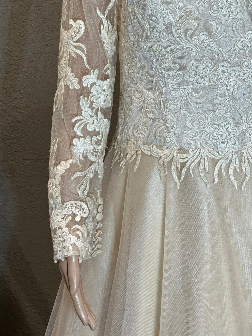 JJ’s House Long Sleeve Lace A-Line Wedding Dress with Illusion Back & Train SIZE 10