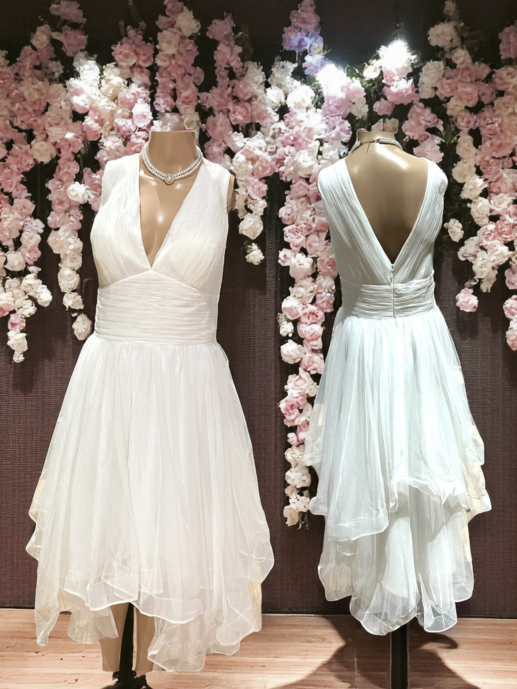 JJ’s House Chiffon High-Low Wedding Dress – V Neck, Open Back, Flowing Skirt- SIZE  16