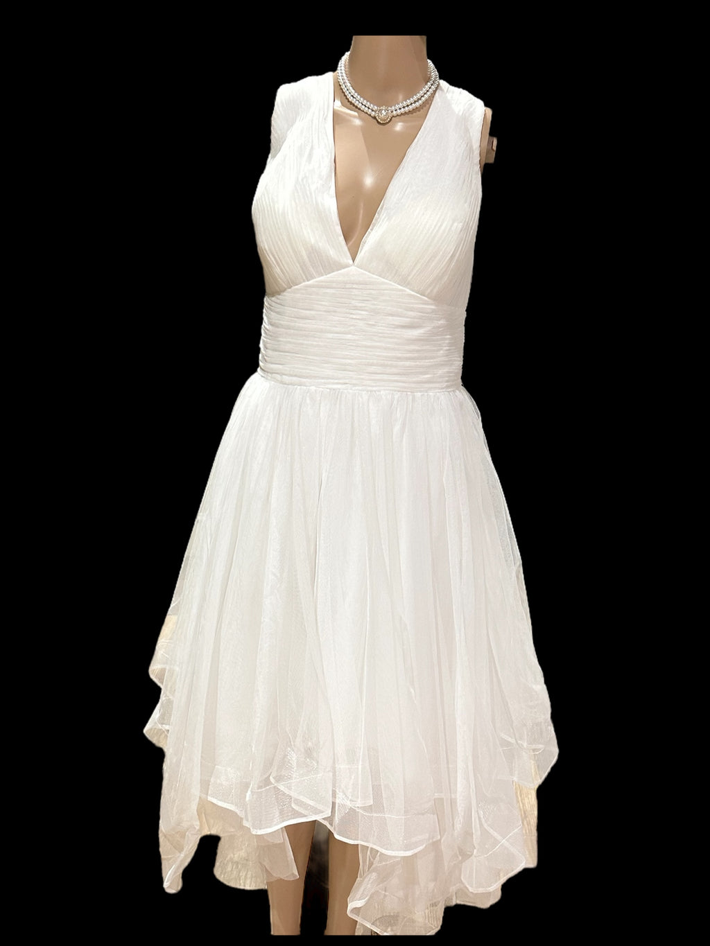 JJ’s House Chiffon High-Low Wedding Dress – V Neck, Open Back, Flowing Skirt- SIZE  16