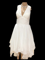 JJ’s House Chiffon High-Low Wedding Dress – V Neck, Open Back, Flowing Skirt- SIZE  16