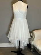 JJ’s House Chiffon High-Low Wedding Dress – V Neck, Open Back, Flowing Skirt- SIZE  16