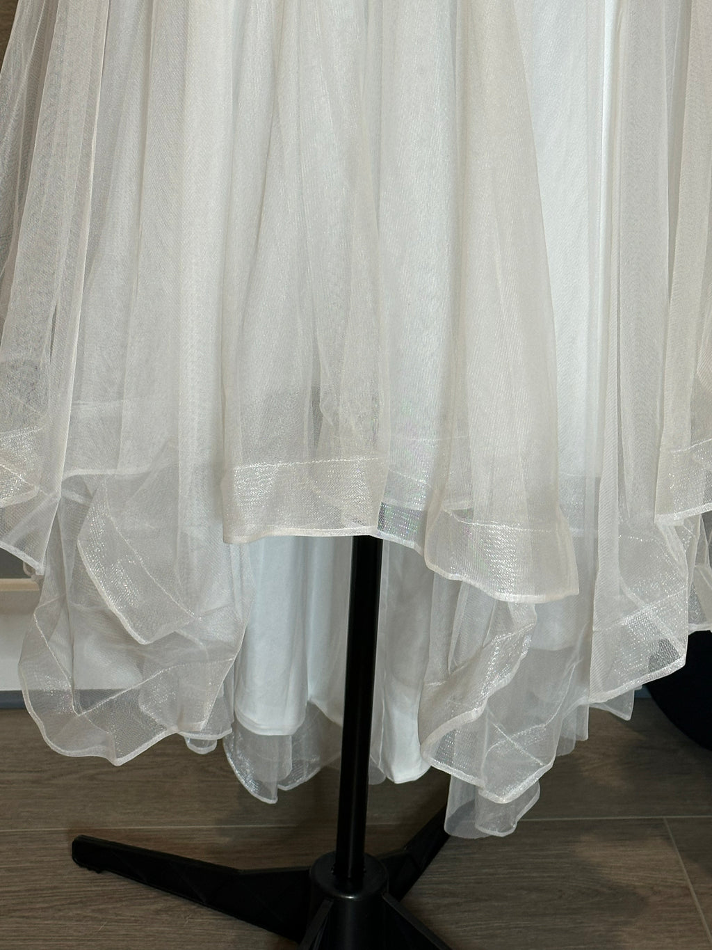 JJ’s House Chiffon High-Low Wedding Dress – V Neck, Open Back, Flowing Skirt- SIZE  16