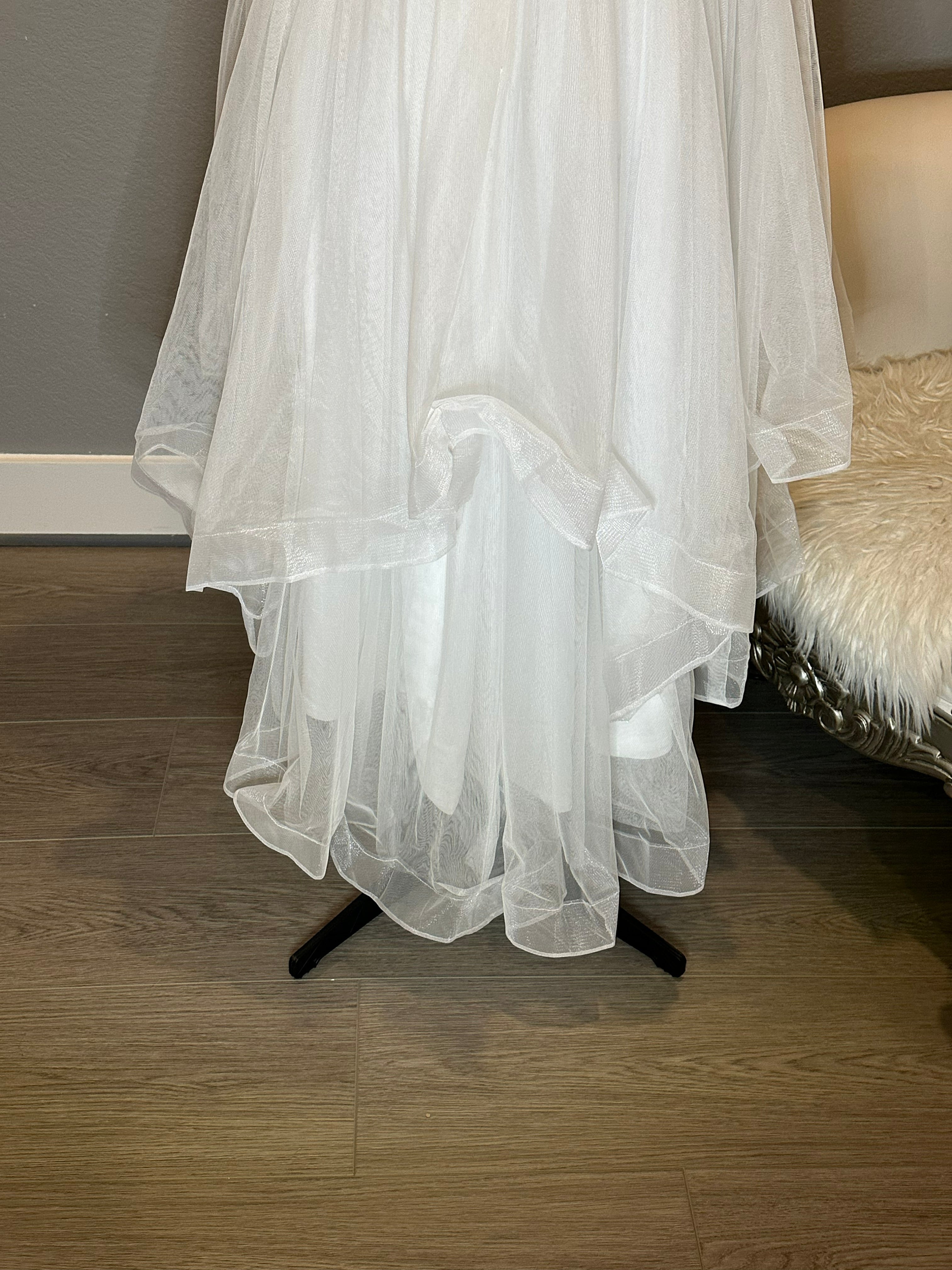 JJ’s House Chiffon High-Low Wedding Dress – V Neck, Open Back, Flowing Skirt- SIZE  16