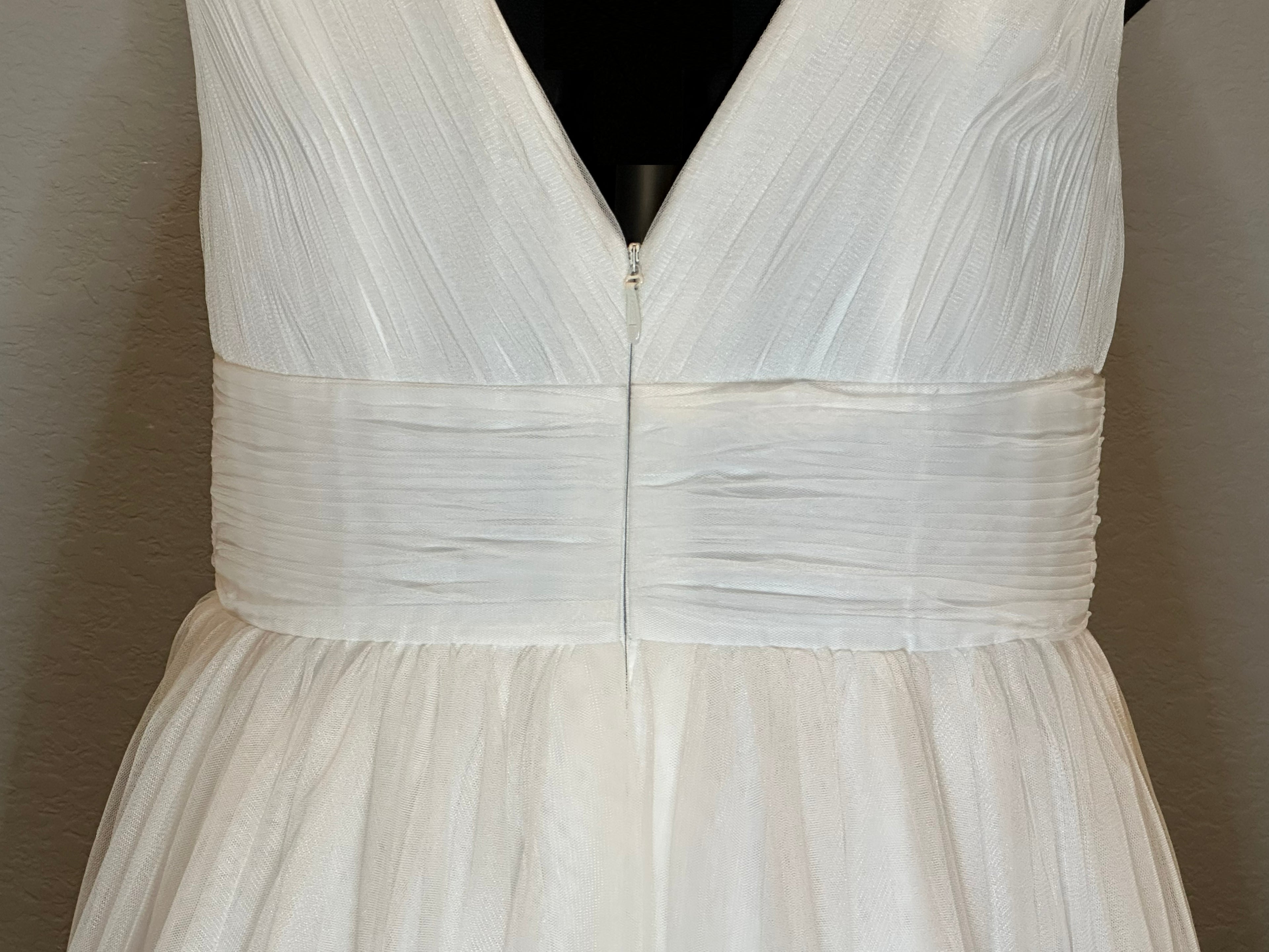 JJ’s House Chiffon High-Low Wedding Dress – V Neck, Open Back, Flowing Skirt- SIZE  16