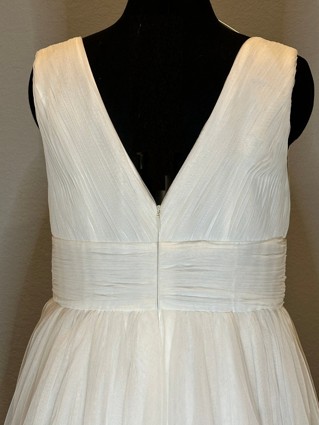 JJ’s House Chiffon High-Low Wedding Dress – V Neck, Open Back, Flowing Skirt- SIZE  16
