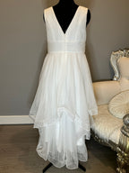 JJ’s House Chiffon High-Low Wedding Dress – V Neck, Open Back, Flowing Skirt- SIZE  16