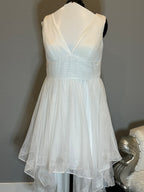 JJ’s House Chiffon High-Low Wedding Dress – V Neck, Open Back, Flowing Skirt- SIZE  16