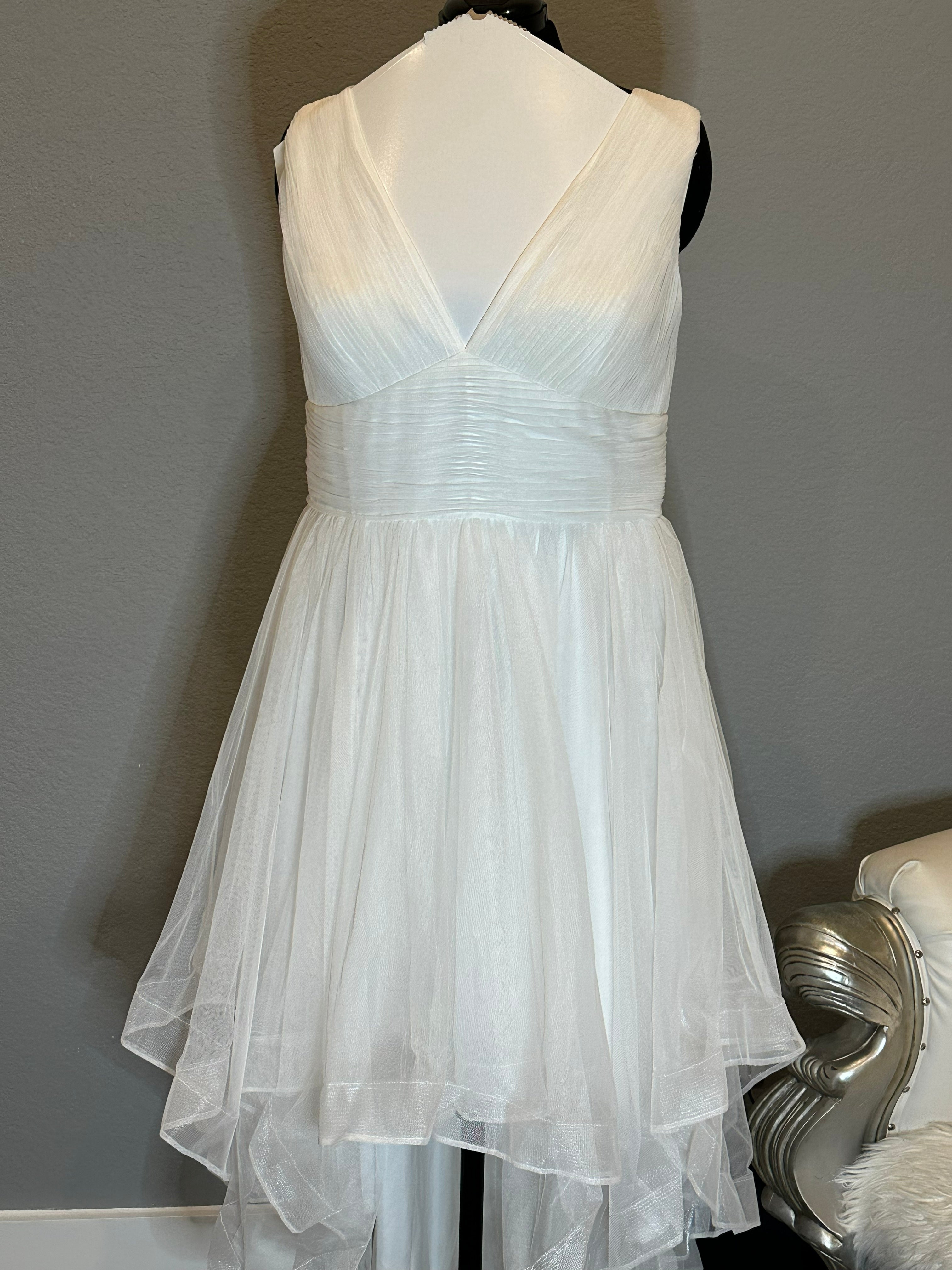 JJ’s House Chiffon High-Low Wedding Dress – V Neck, Open Back, Flowing Skirt- SIZE  16