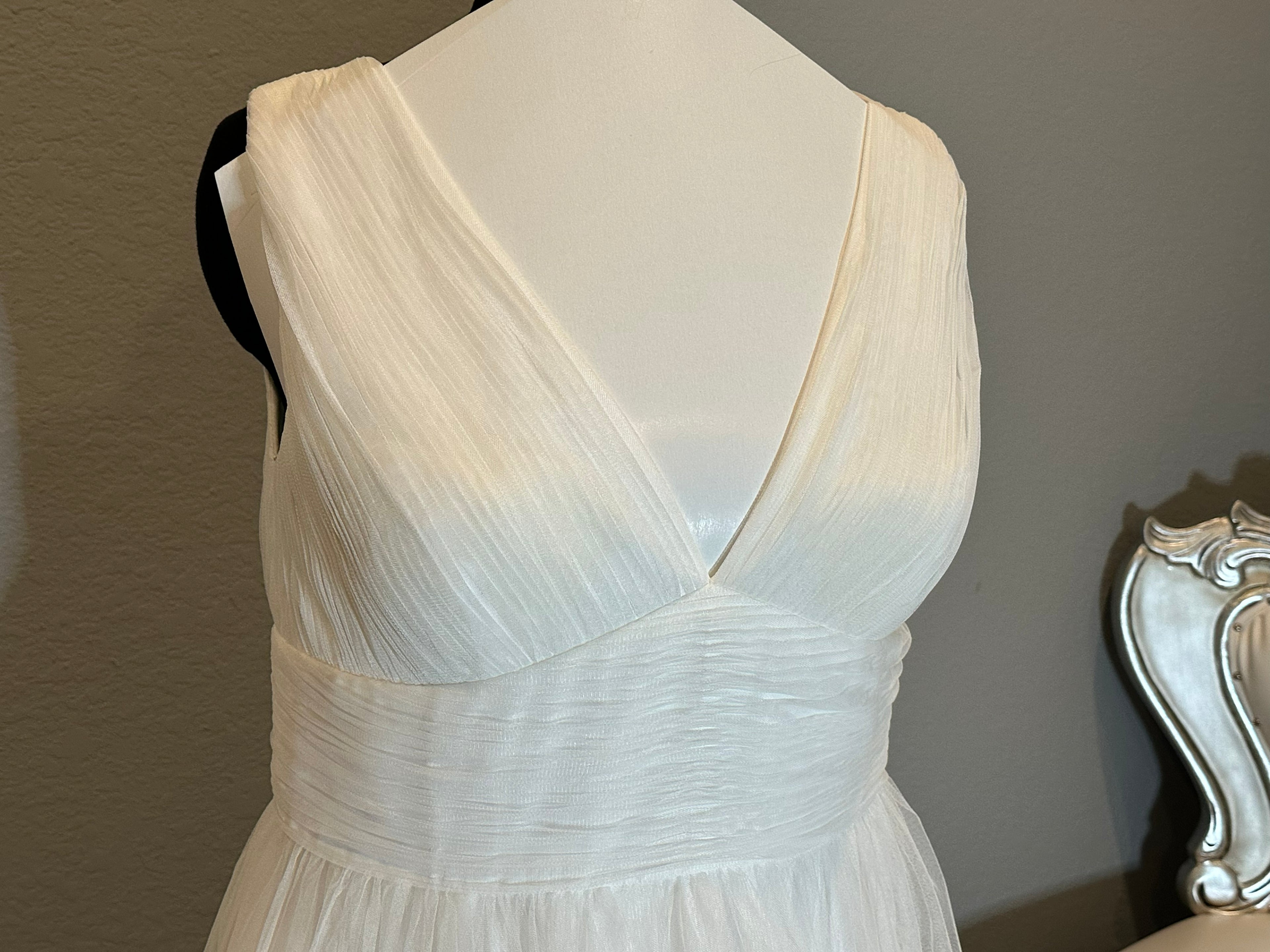 JJ’s House Chiffon High-Low Wedding Dress – V Neck, Open Back, Flowing Skirt- SIZE  16