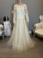 JJ’s House Long Sleeve Lace A-Line Wedding Dress with Illusion Back & Train SIZE 10