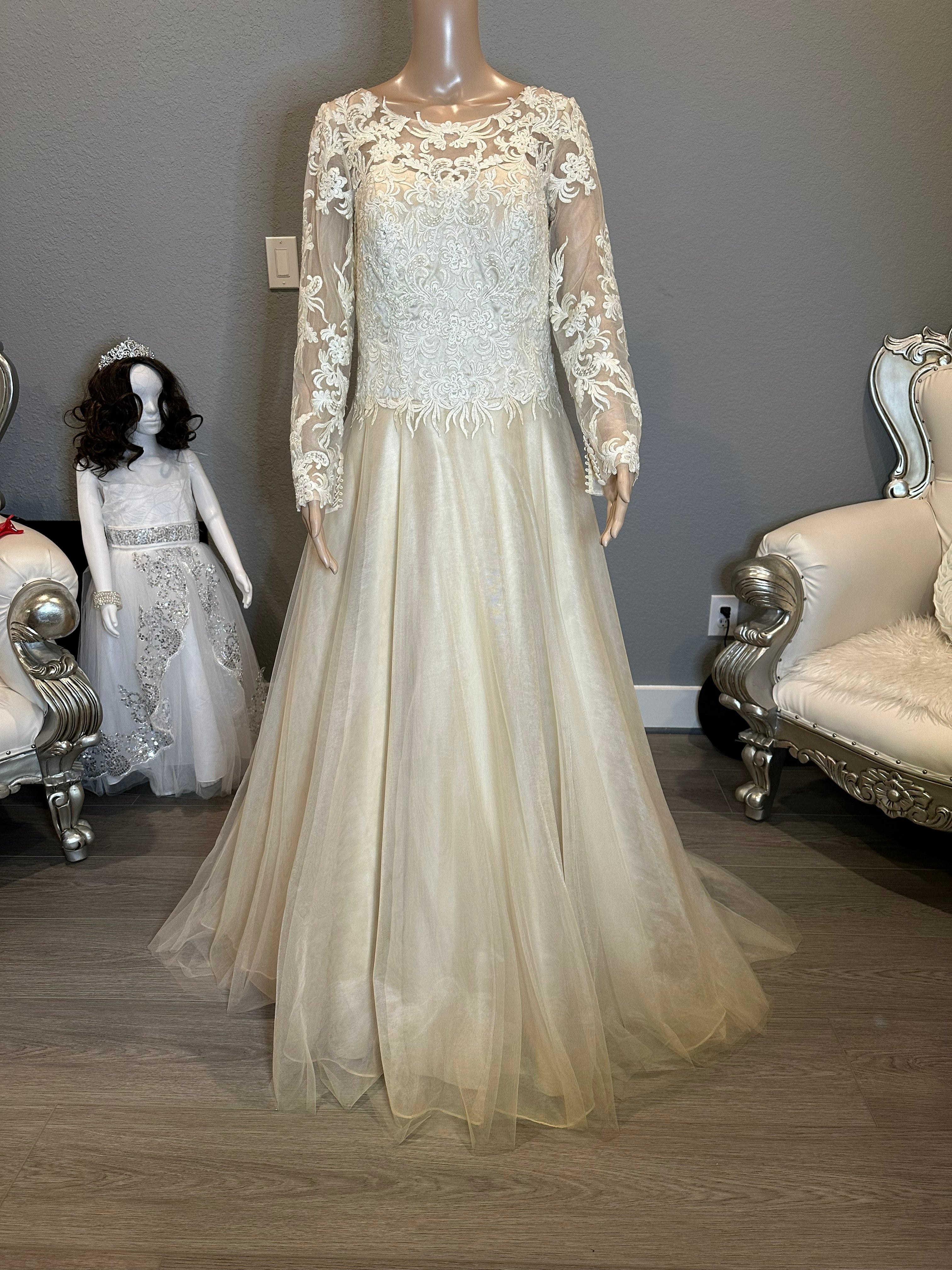 JJ’s House Long Sleeve Lace A-Line Wedding Dress with Illusion Back & Train SIZE 10