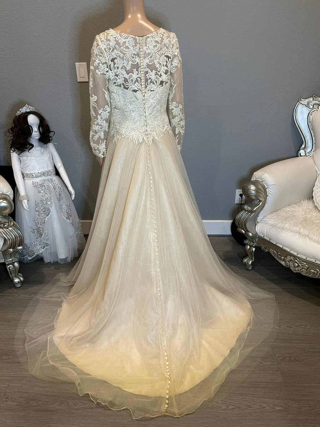 JJ’s House Long Sleeve Lace A-Line Wedding Dress with Illusion Back & Train SIZE 10
