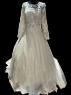 JJ’s House Long Sleeve Lace A-Line Wedding Dress with Illusion Back & Train SIZE 10